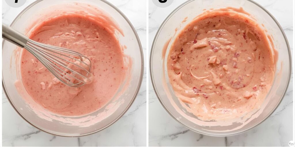 Mixing smooth strawberry glaze for easy strawberry honey bun cake