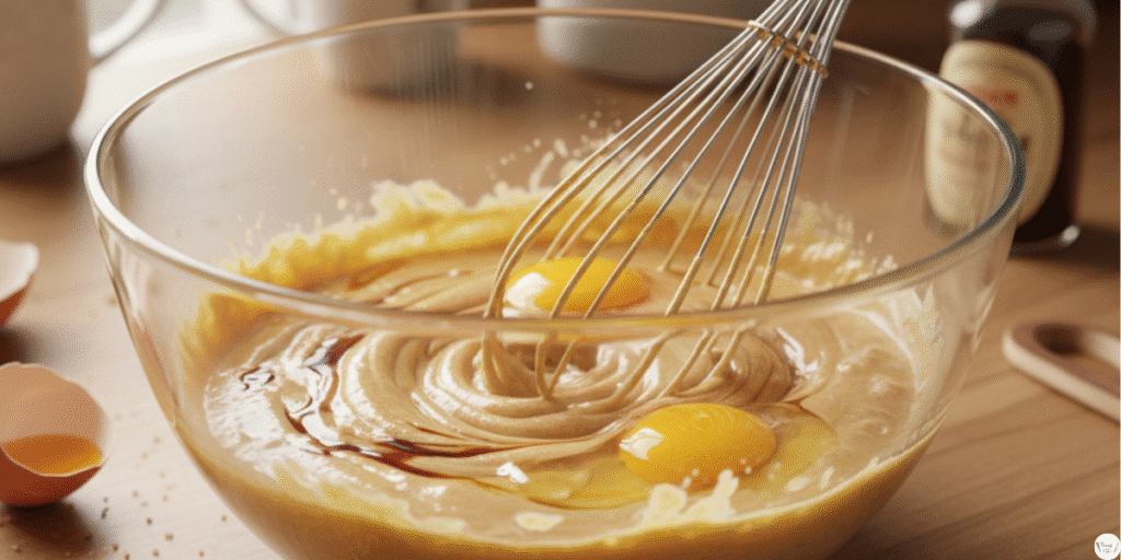 “Mixing white sugar, brown sugar, eggs, vegetable oil, and vanilla in a bowl for Sweet Alabama Pecan Bread batter, creamy texture, easy homemade bread recipe