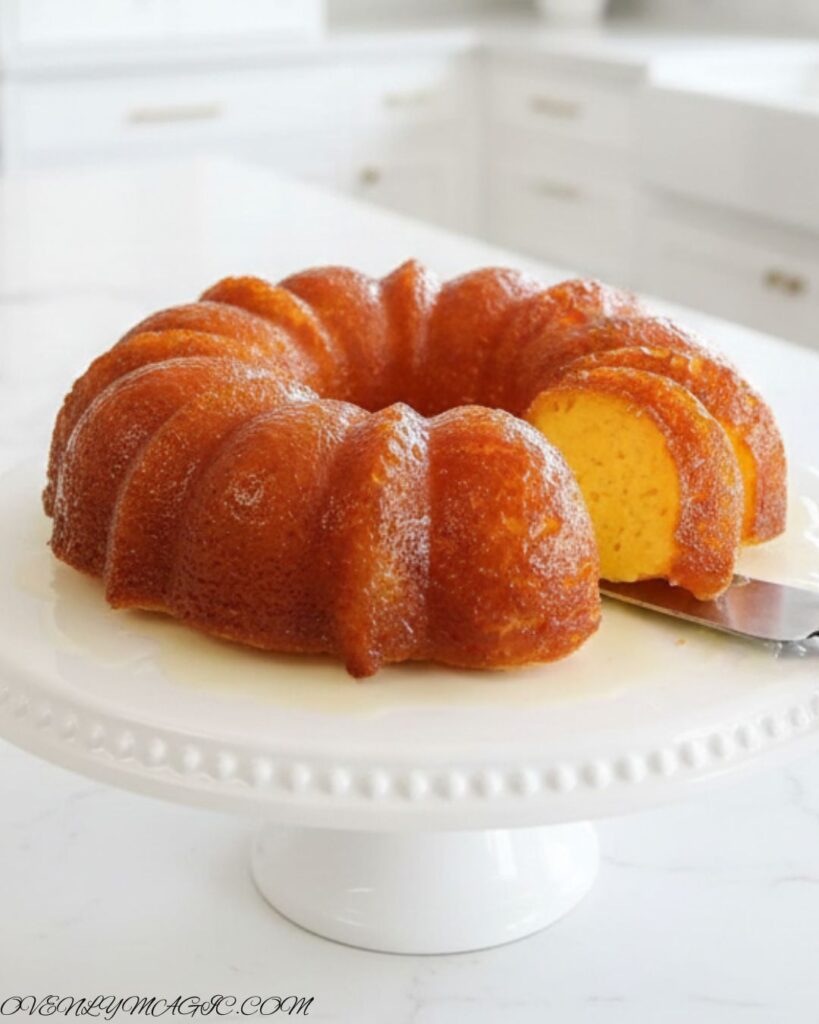 Moist and soft pineapple juice cake with glaze on top, served on a white plate