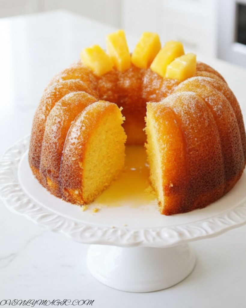 Slice of moist pineapple juice cake on a plate, ready to serve