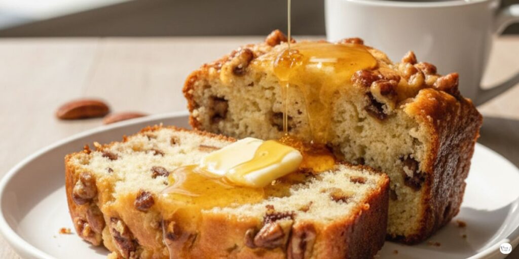 “Sliced Sweet Alabama Pecan Bread served with melted butter and honey drizzle, cup of coffee on side, perfect breakfast or dessert southern bread”