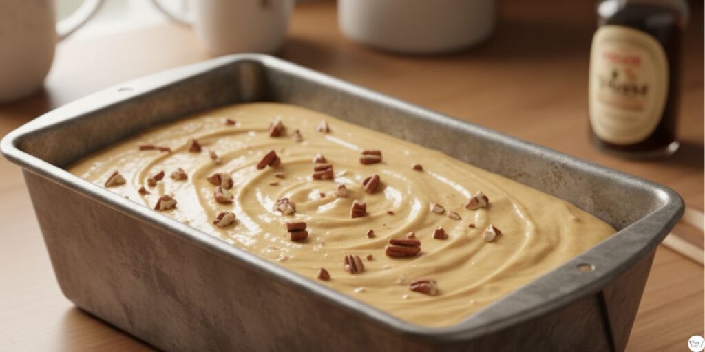 Sweet Alabama Pecan Bread batter poured into loaf pan ready to bake, smooth and creamy, simple easy southern bread recipe