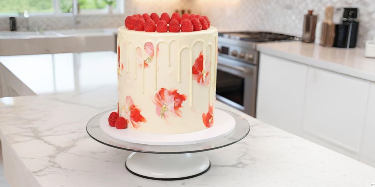 A tall white chocolate raspberry cake with pink ombre frosting, white chocolate drip, fresh raspberries and flowers on top, displayed on a white cake stand in a minimalistic kitchen.