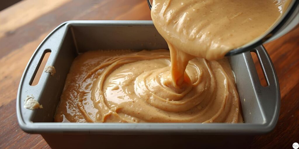 Applesauce bread batter in loaf pan ready to bake
