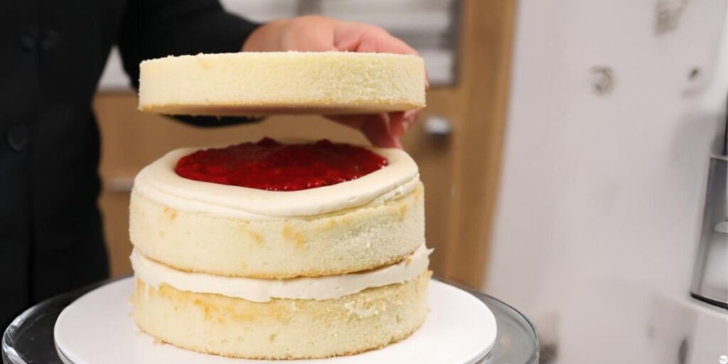Assembling White Chocolate Raspberry Cake layers with frosting and filling.