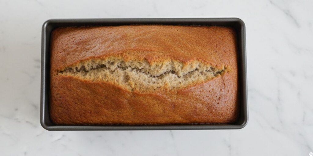 Banana bread baking in oven with golden crust, soft and fluffy inside, warm natural light