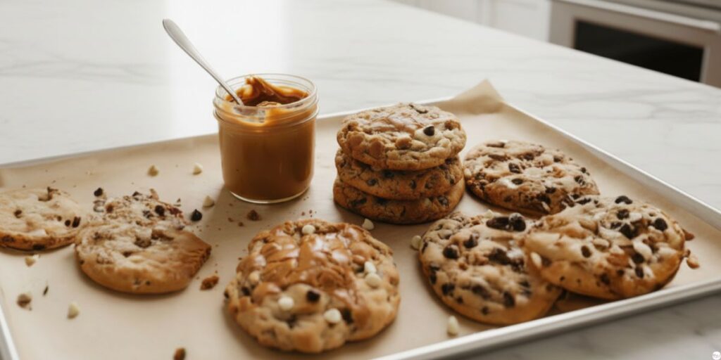 Biscoff butter cookies cooling on a wire rack fresh out of the oven.