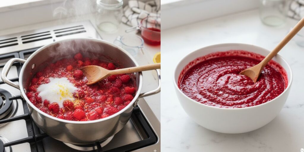 Cooking raspberry filling for White Chocolate Raspberry Cake in a saucepan.