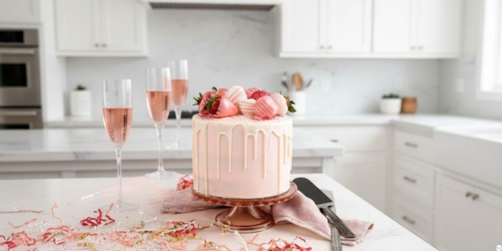 Decorating Champagne Cake with chocolate-covered strawberries and white chocolate drip