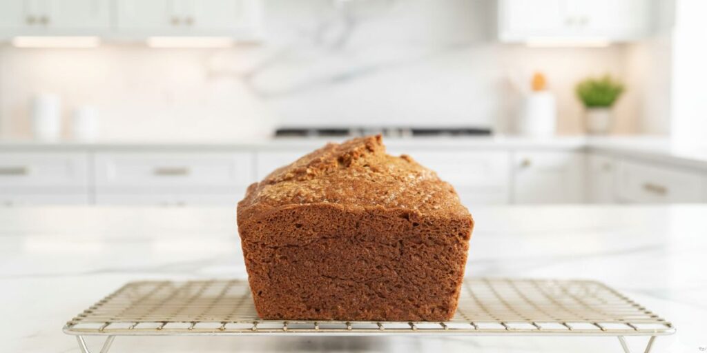 Freshly baked applesauce bread cooling on a wire rack with applesauce on the side.