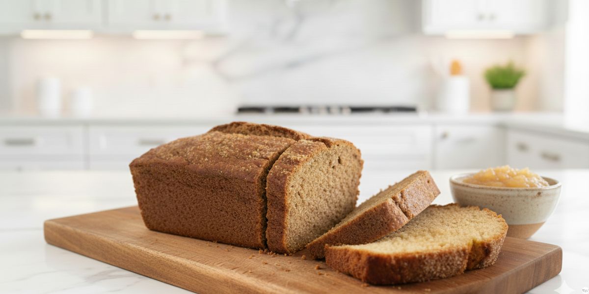 Freshly baked applesauce bread loaf sliced on a wooden board with apples and applesauce in a cozy kitchen setting.
