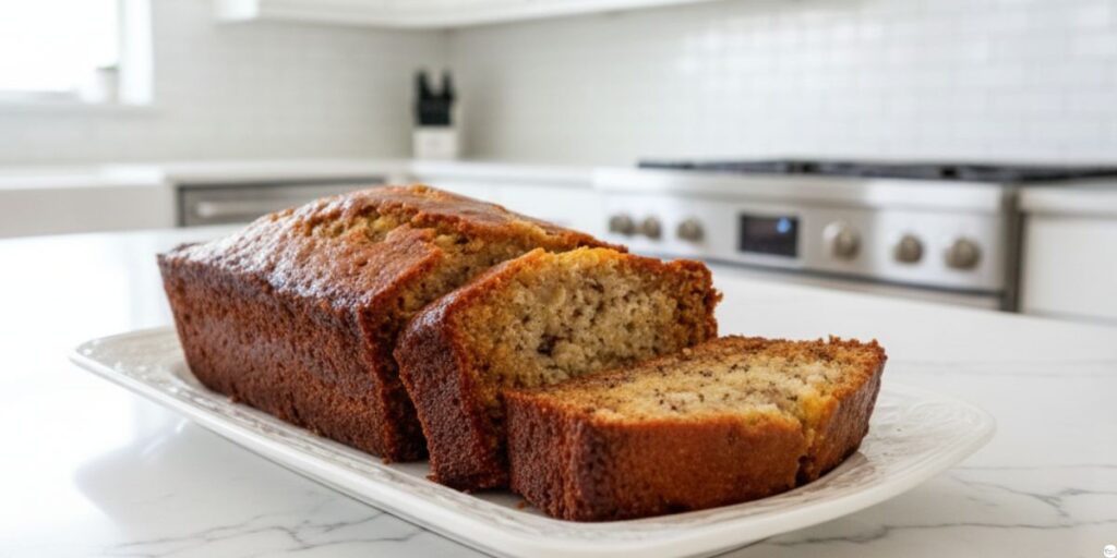 Sliced banana bread cooling on wire rack, showing moist interior, bananas and walnuts for garnish