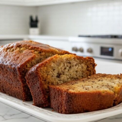 Sliced banana bread cooling on wire rack, showing moist interior, bananas and walnuts for garnish