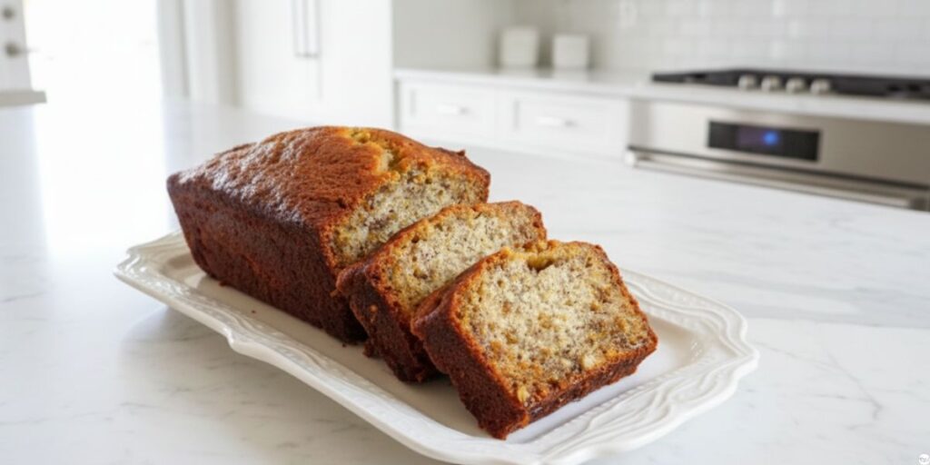 Sliced banana bread recipe without baking soda cooling on wire rack, showing moist interior, bananas and walnuts for garnish
