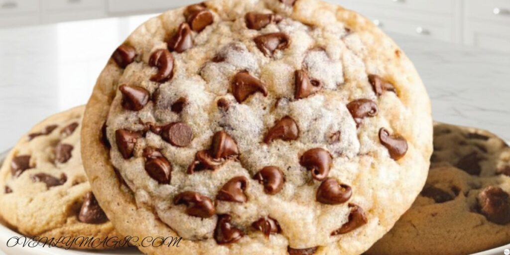 Golden chocolate chip cookies without brown sugar just out of the oven with soft centers and melted chocolate chips