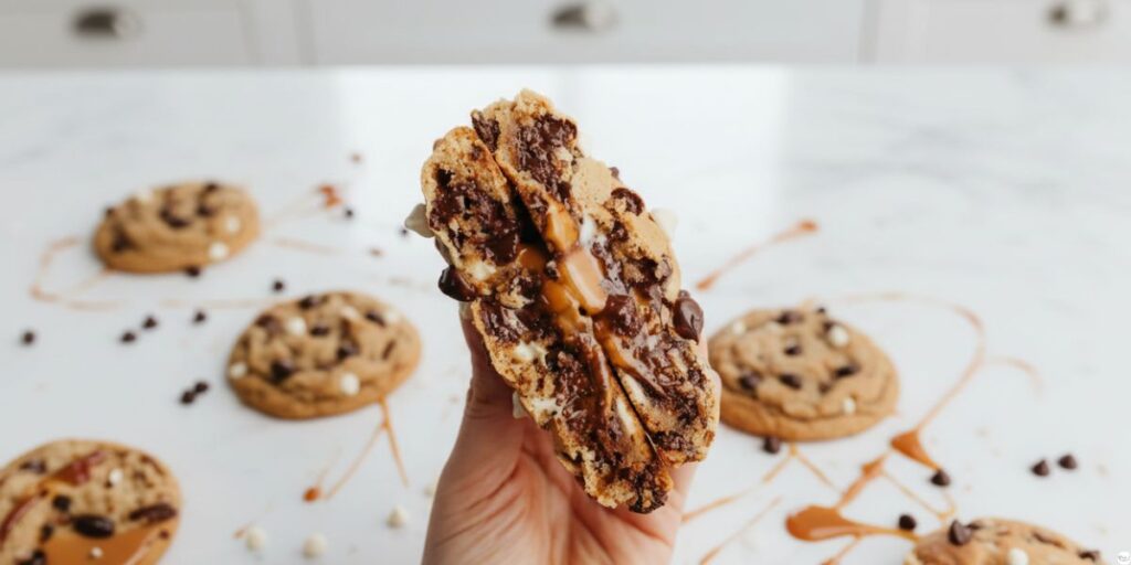 Gooey Biscoff butter cookie broken in half showing soft chewy center