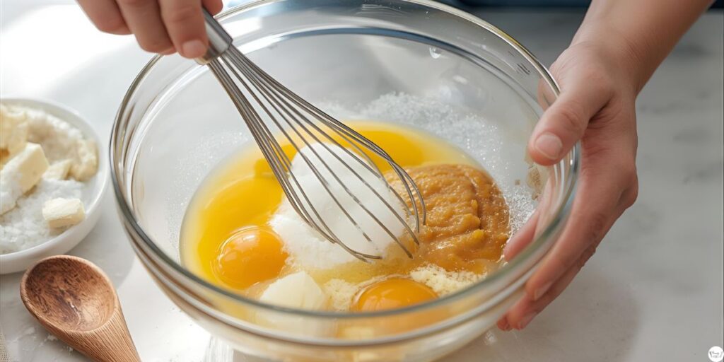 Mixing wet ingredients for spiced applesauce bread