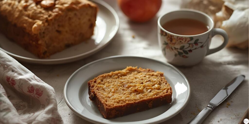 Serving moist spiced applesauce quick bread with tea