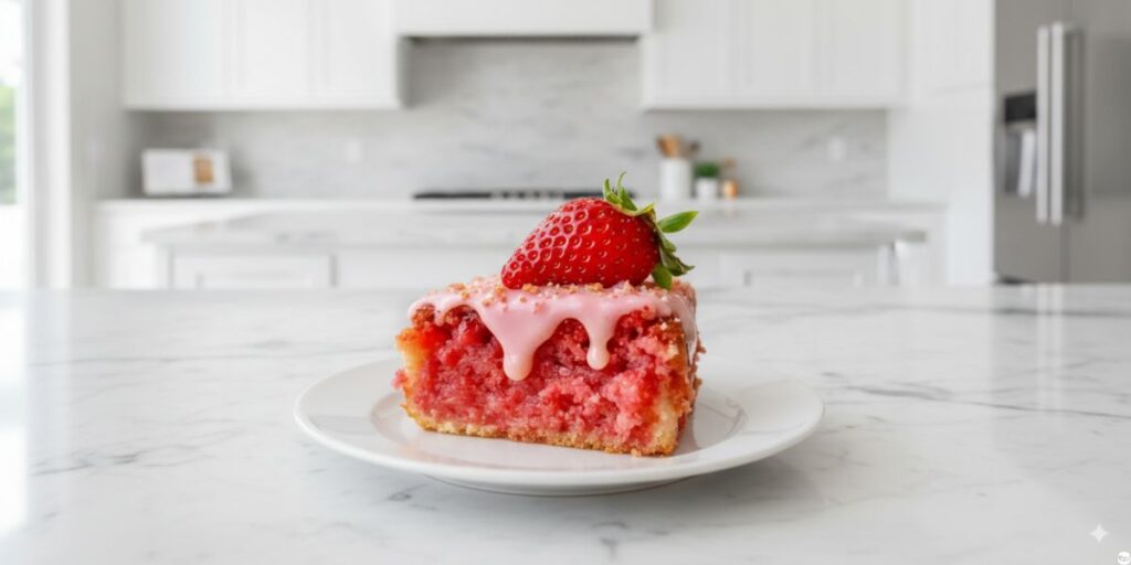 Slice of Strawberry Honeybun Cake showing gooey cinnamon center