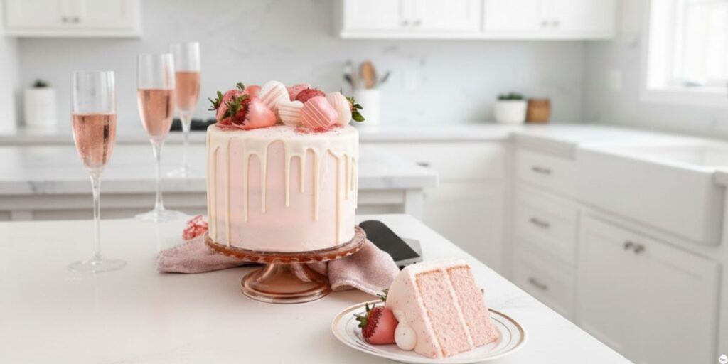 Slice of soft and moist Champagne Cake recipe with pink champagne buttercream frosting”