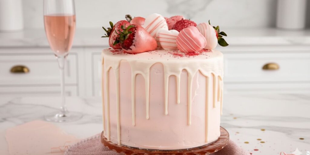 Soft and moist Champagne Cake with pink champagne buttercream frosting on a cake stand