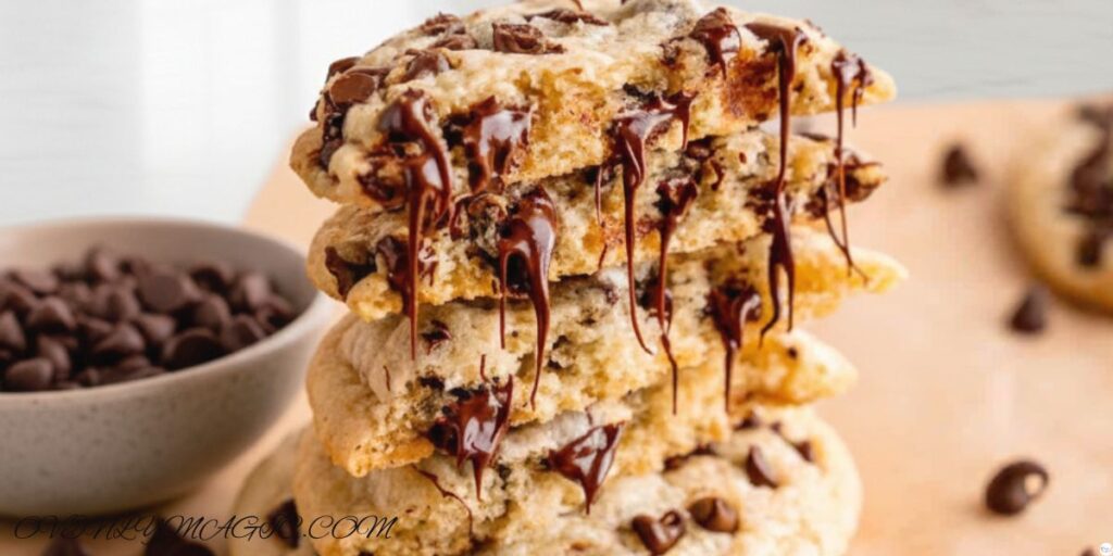 Stack of homemade chocolate chip cookies without brown sugar with gooey centers on a plate, served with a glass of milk
