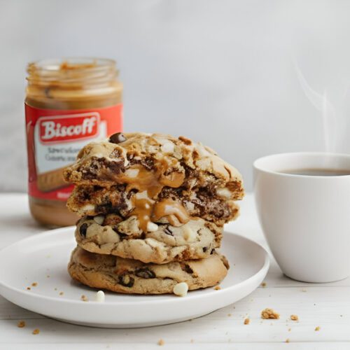Thick gooeyBiscoff Butter Cookies Recipe stuffed with cookie butter and chocolate chips, Levain bakery style