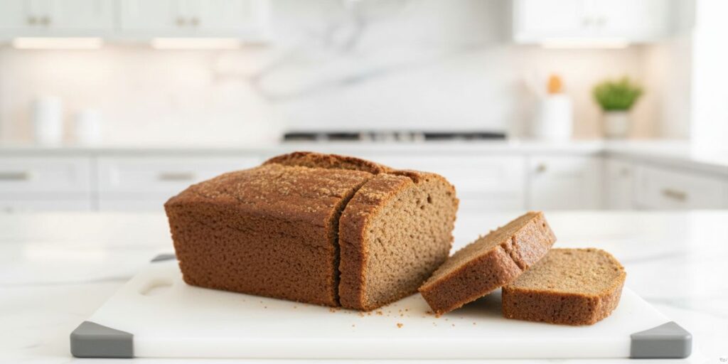 Freshly baked applesauce bread cooling on a wire rack with applesauce on the side.