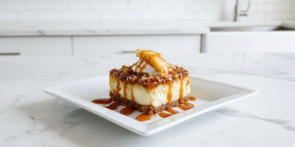 Freshly baked caramel apple cheesecake bars cooling on marble countertop