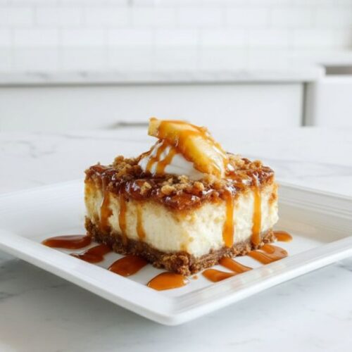 Freshly baked caramel apple cheesecake bars cooling on marble countertop