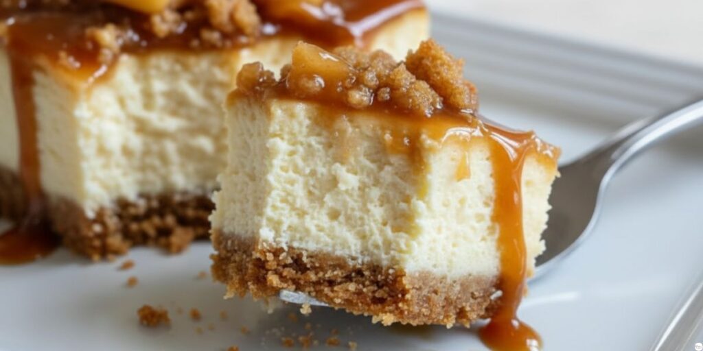 Close-up bite of caramel apple cheesecake bar showing creamy texture