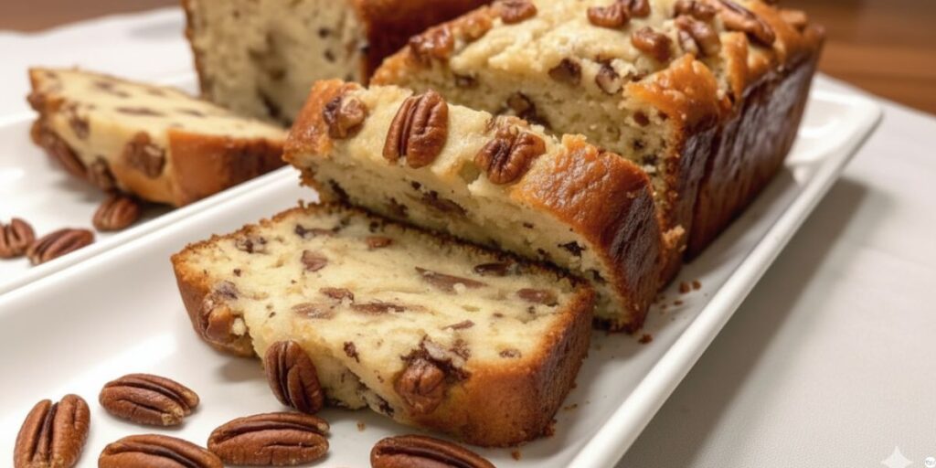 Slicing soft buttery sweet Alabama pecan bread with visible crunchy pecans inside