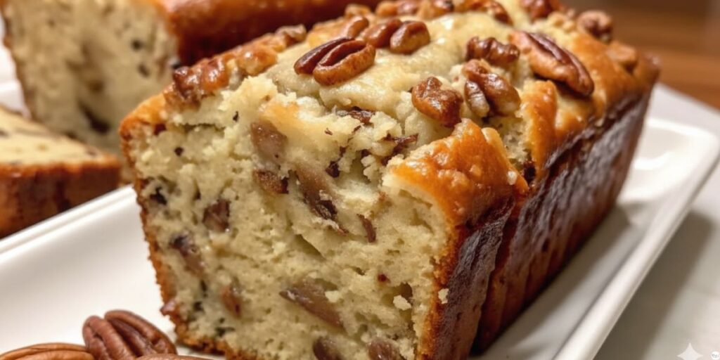 Sweet Alabama Pecan Bread loaf on a cooling rack, golden brown and topped with chopped pecans