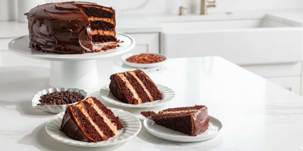 Moist slice of Chocolate Espresso Cake showing dense chocolate texture and espresso flavor