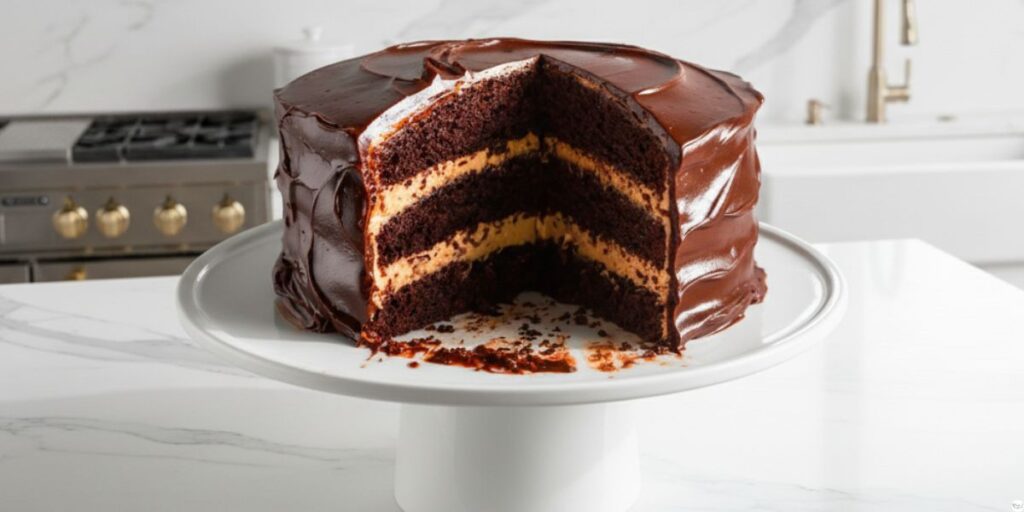 Sliced Chocolate Espresso Cake served with a cup of espresso