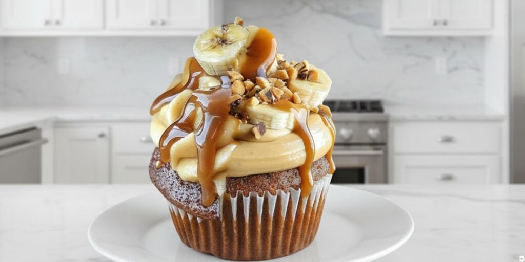 Freshly baked banana caramel peanut butter cupcakes with caramel drizzle and chopped peanuts on top