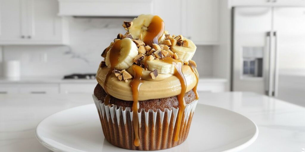 Freshly baked banana caramel peanut butter cupcakes with caramel drizzle and peanut topping