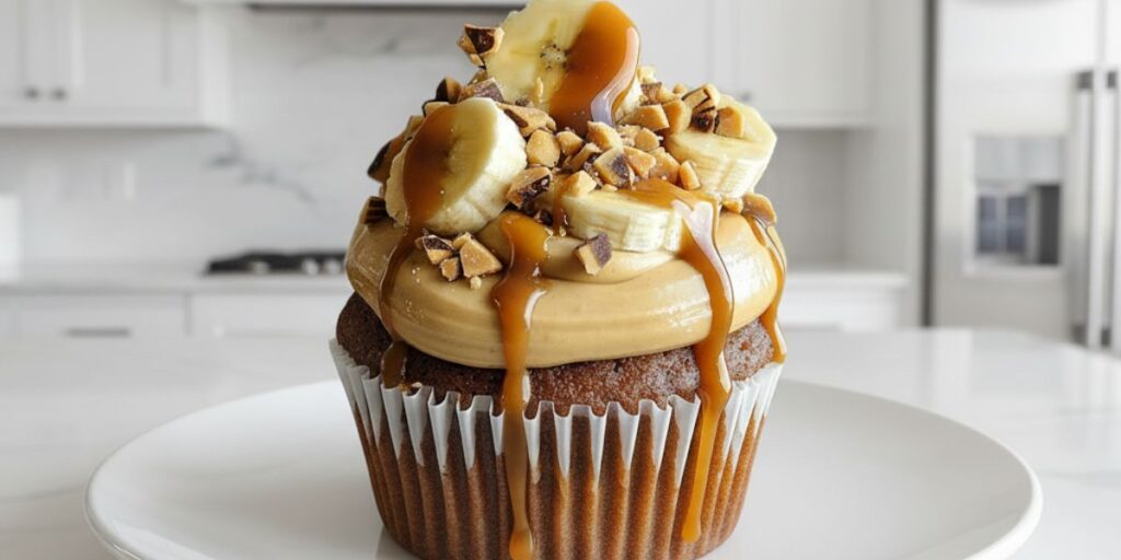 Close-up of banana caramel peanut butter cupcakes showing soft texture, caramel drizzle, and chopped peanuts