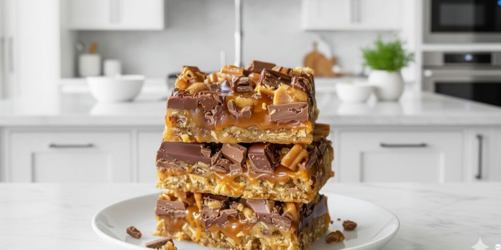 Close-up of gooey caramel layer and chocolate chunks in Caramel Chocolate Crunch Bars