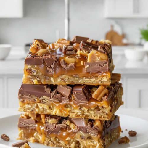 Close-up of gooey caramel layer and chocolate chunks in Caramel Chocolate Crunch Bars