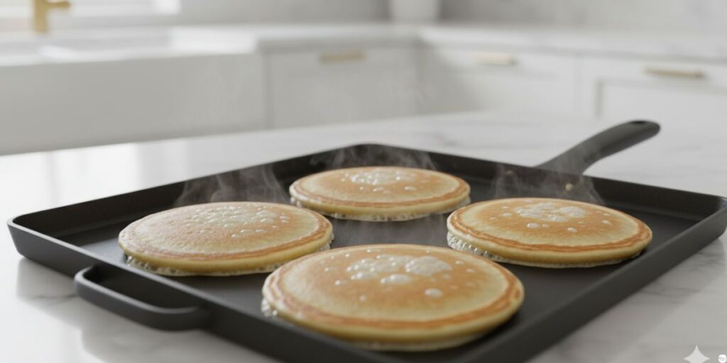 Perkins pancake recipe cooking on griddle with bubbles forming