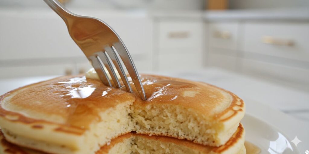 Close-up fluffy texture of Perkins-style pancake inside view