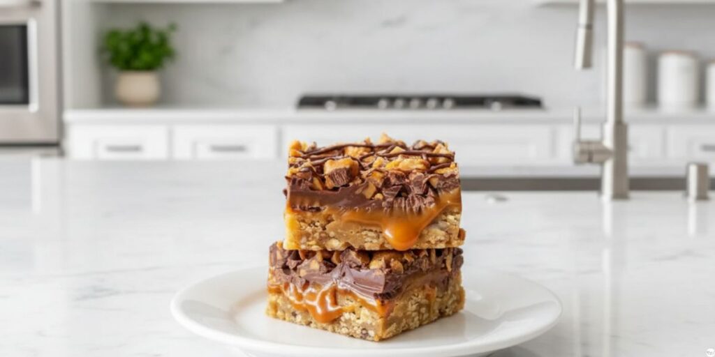 Close-up of gooey caramel layer and chocolate chunks in Caramel Chocolate Crunch Bars