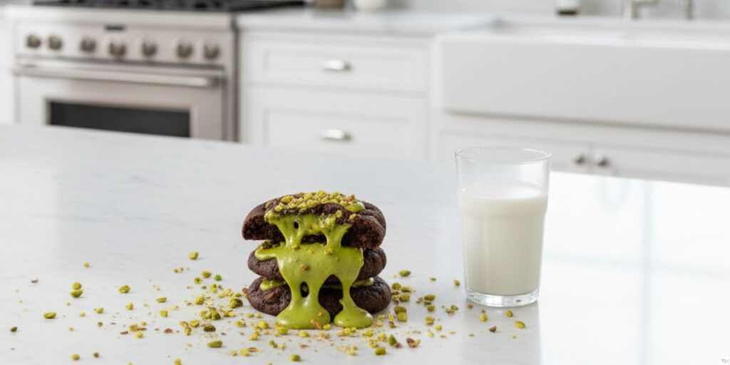 Stack of pistachio chocolate chip cookies drizzled with pistachio cream and chopped pistachios on a plate