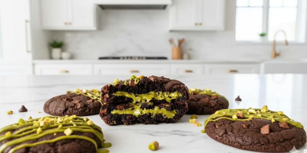 Close-up of a pistachio chocolate chip cookie broken in half showing gooey pistachio cream and melted chocolate chunks