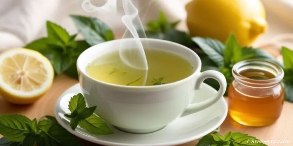 lemon balm tea recipe for weight loss in a white mug with fresh leaves