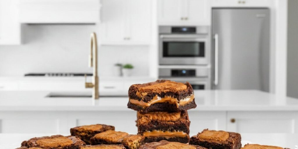 Close-up of gooey molten center in Biscoff brownies, showing fudgy texture