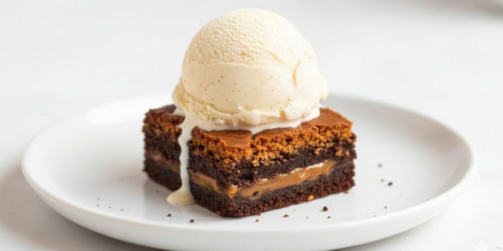Molten Biscoff Brownies served with vanilla ice cream and caramel drizzle on a dessert plate