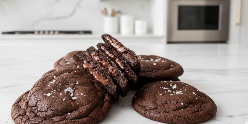 Soft and gooey Nutella Chocolate Lava Cookies on a baking tray, molten chocolate center visible