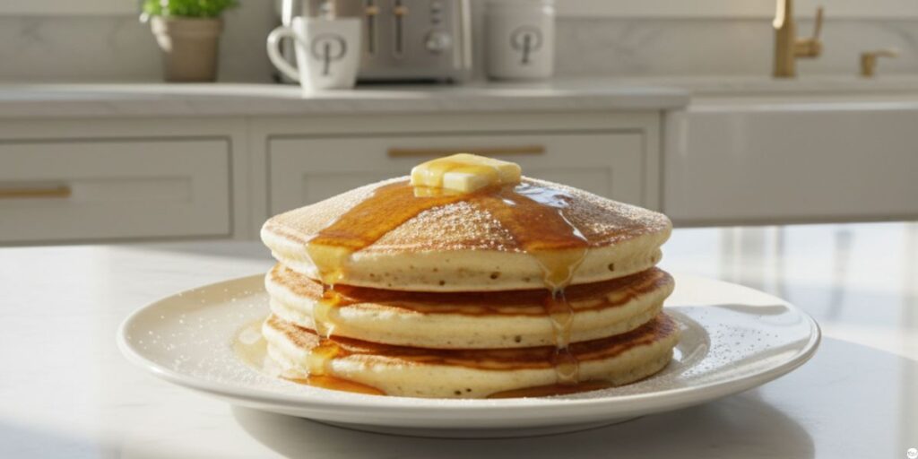 Fluffy Perkins pancake recipe with butter and syrup in luxury white kitchen